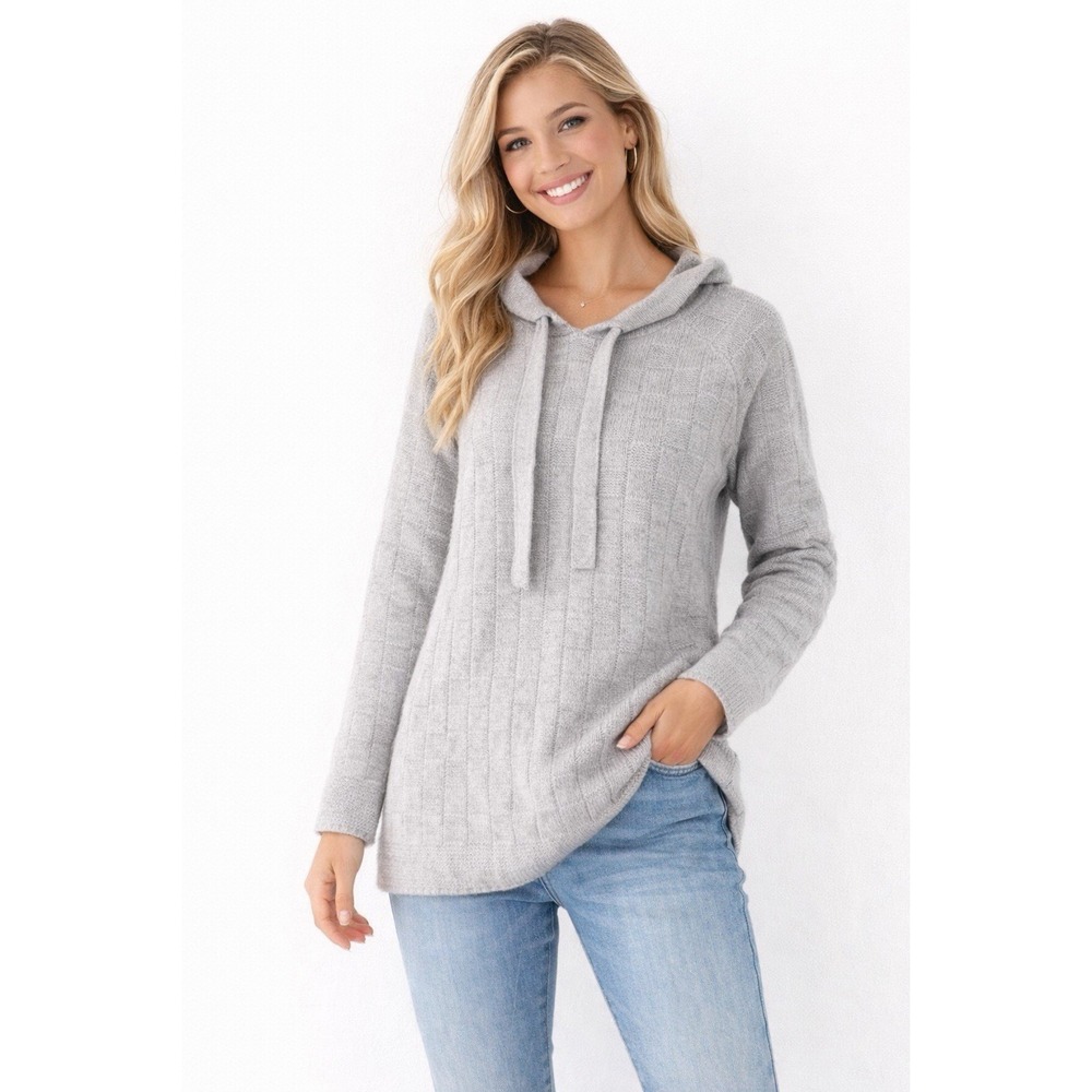 Gray Hooded Sweater Tunic XL Textured Knit Pullover Cozy Casual Soft Lounge